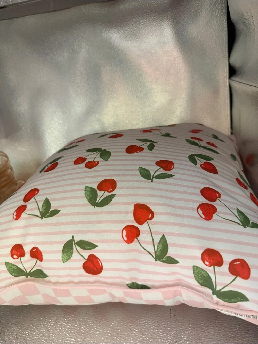 Spoon flower Cherry Print and Pink and white checkered on the Back